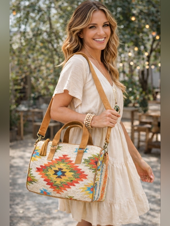 ruggine Handbags - Ruggine Harlow Signature Boston Bag Boho Woven Navajo Print Suede Strap NWT